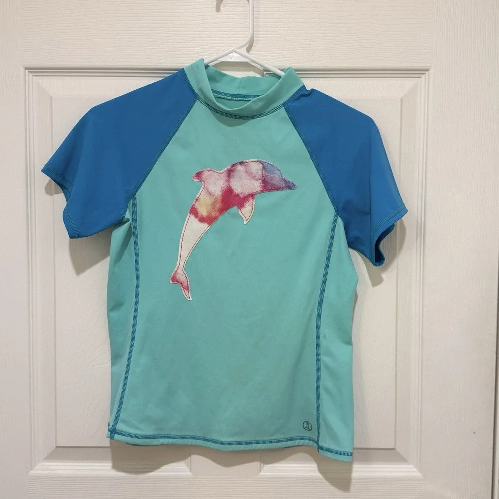 Lands End Two Tone Teal Rash guard with Rainbow Dolphin Swim Shirt  Kids Large